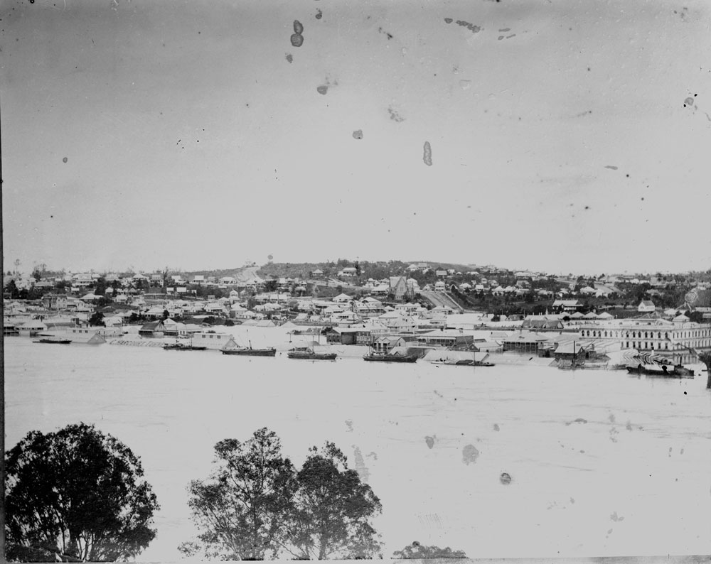 Brisbane River in flood, looking towards Highgate Hill and South Brisbane, February 1893 (copy)