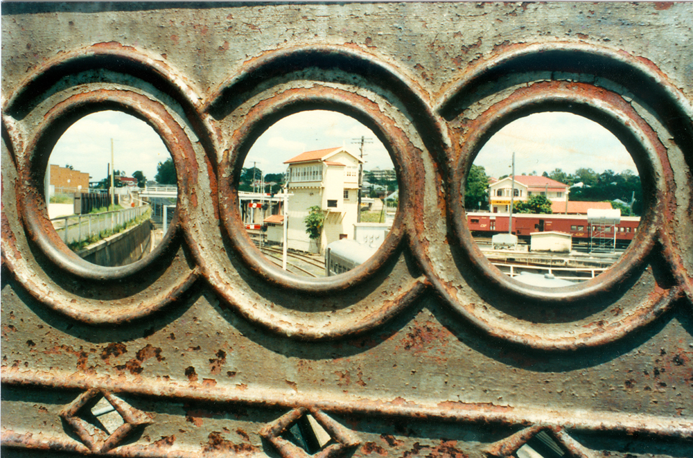 Signal box, Ipswich railway, as seen through the bridge on Nicholas Street, Ipswich, early 1980s