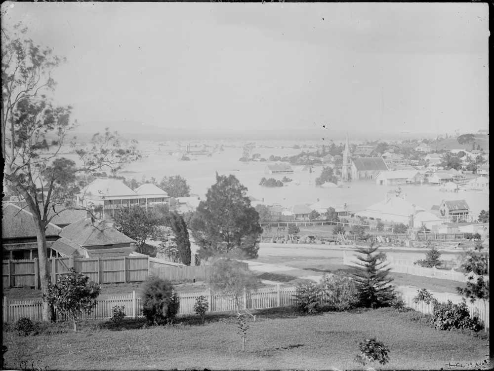 Ipswich during 1893 floods, view from Brisbane Street? looking over St Stephen's Presbyterian Church, c.1893's