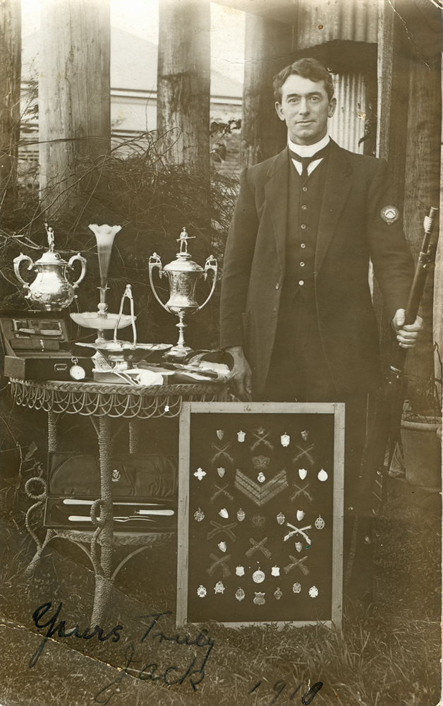 Jack (John) Meekin with trophies from rifle shooting, Ipswich, 1918