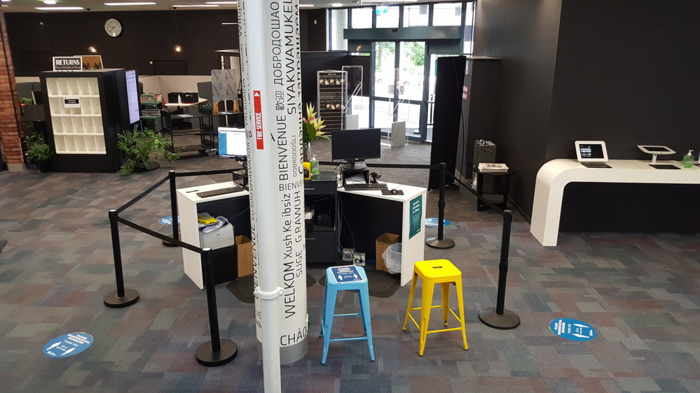 Social distancing at Welcome Desk, Ipswich Libraries, May 2020