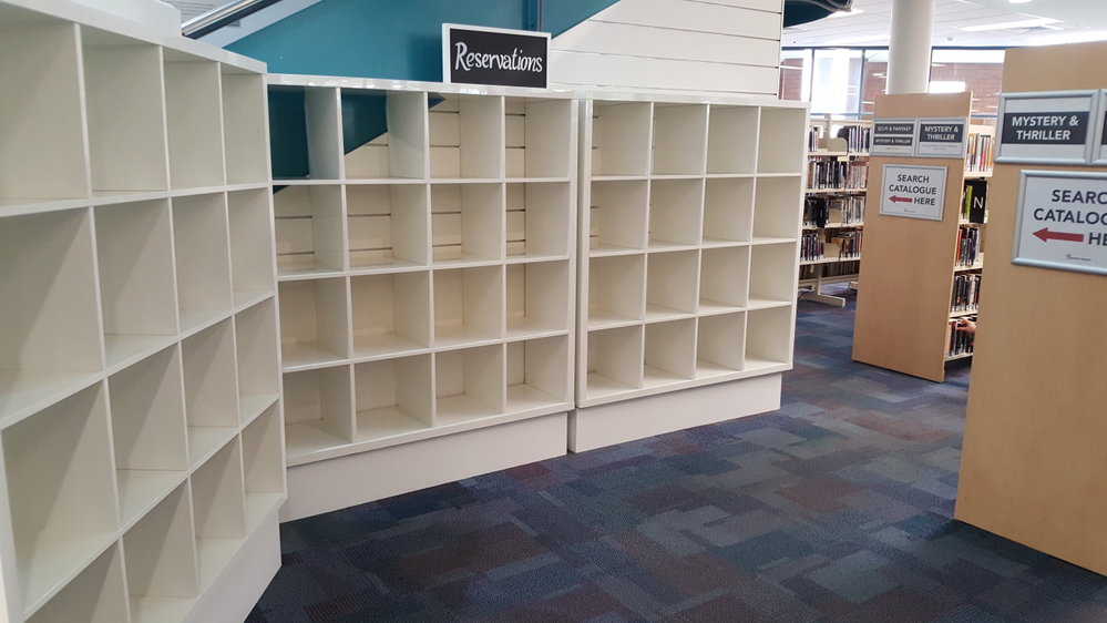 Usual Reserved Items Shelving - difficult to social distance, Ipswich Libraries, May 2020