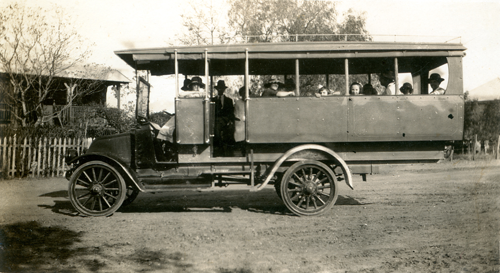 Truck with International Truck chassis and bus body, North Ipswich, 1920