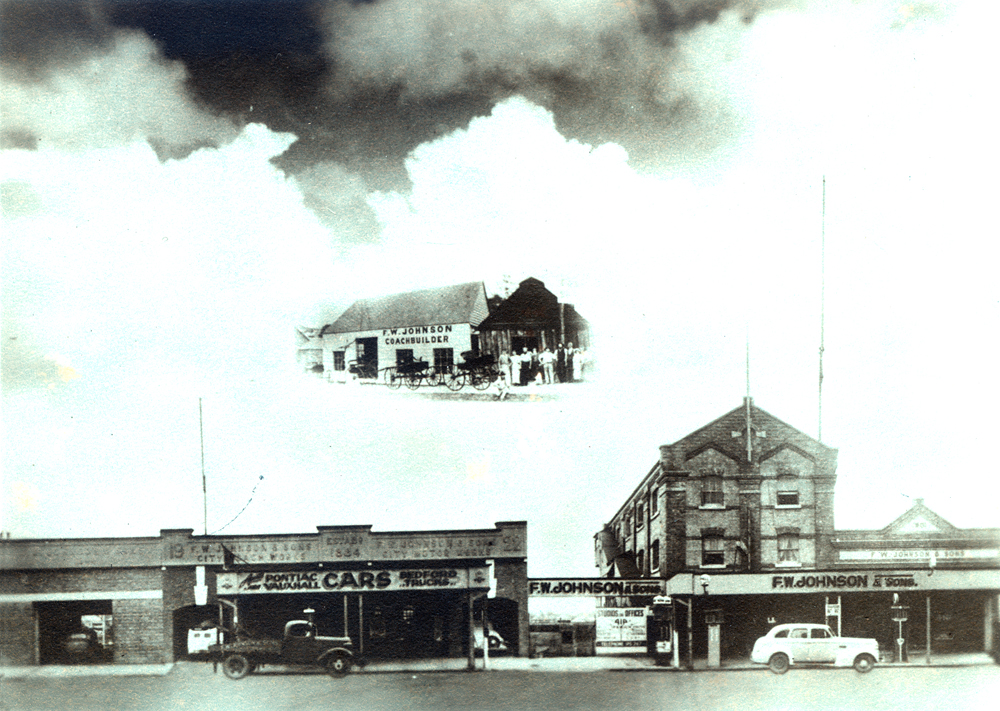 Composite photograph of F. W. Johnson Coach Works showing the original building and the 'Old Flour Mill' building, Ipswich, c.1954