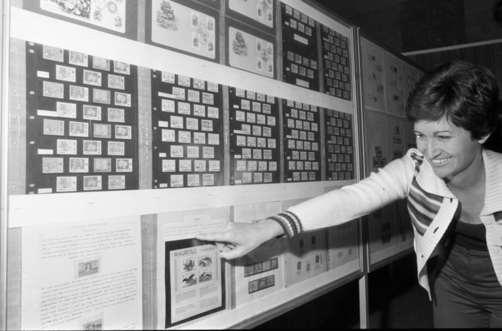 Thought to be Helen Taylor with a stamp display, Ipswich, September 1981