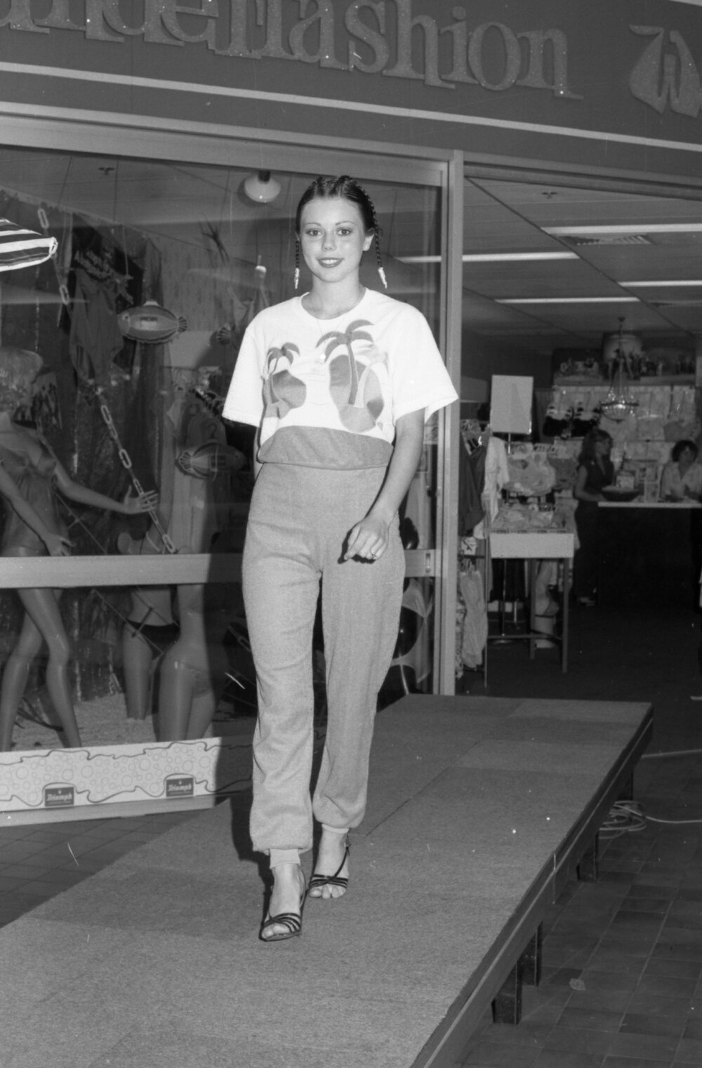 Model in tropical-inspired fashion at the Opening of Ipswich Colour Festival, Ipswich, August 1980