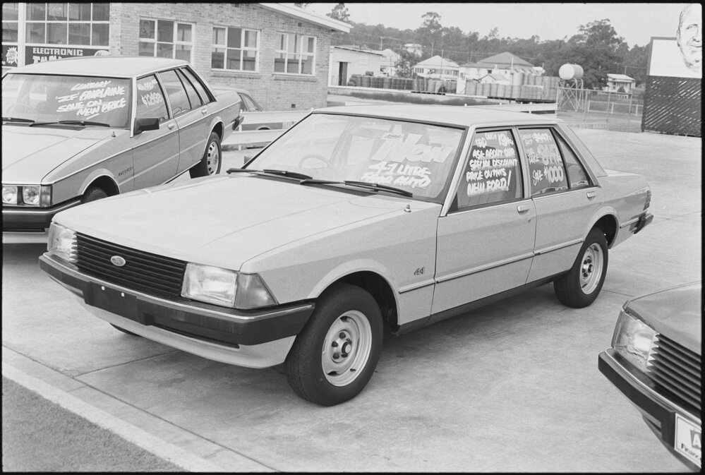 Ford Falcon (XD) and Ford Fairlane (ZJ) cars photographed for ads for Currie Motors, Ipswich, October 1980
