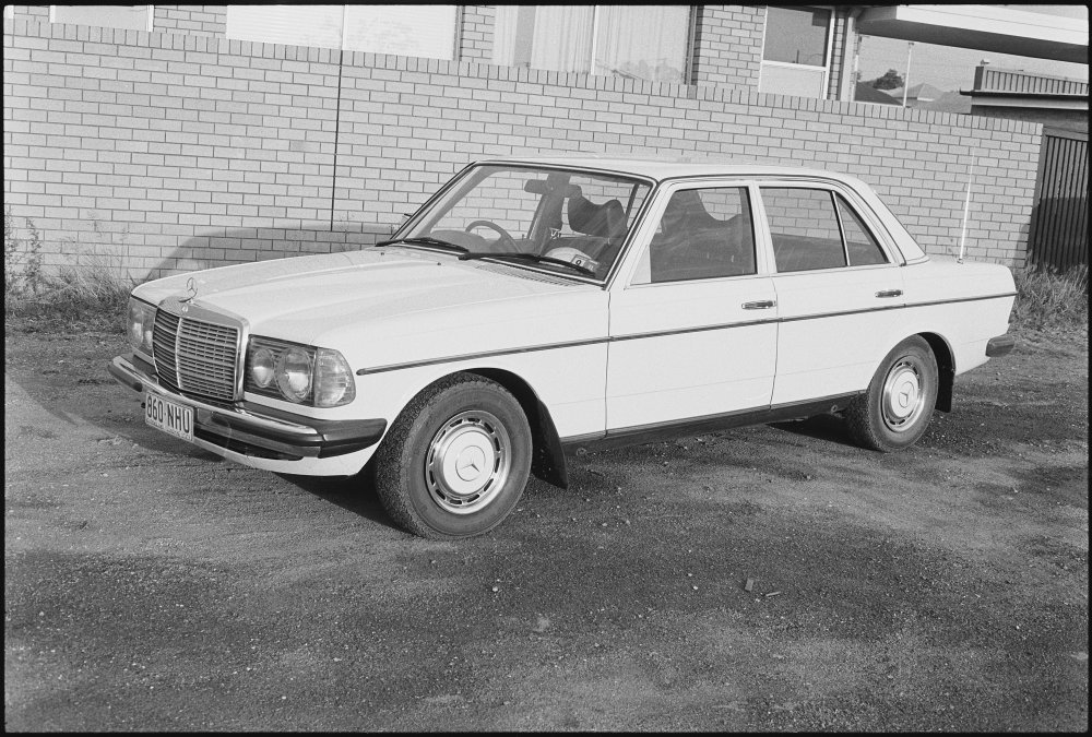 Mercedes-Benz W123 car photographed for ads appearing in The Queensland Times, Ipswich, October 1980