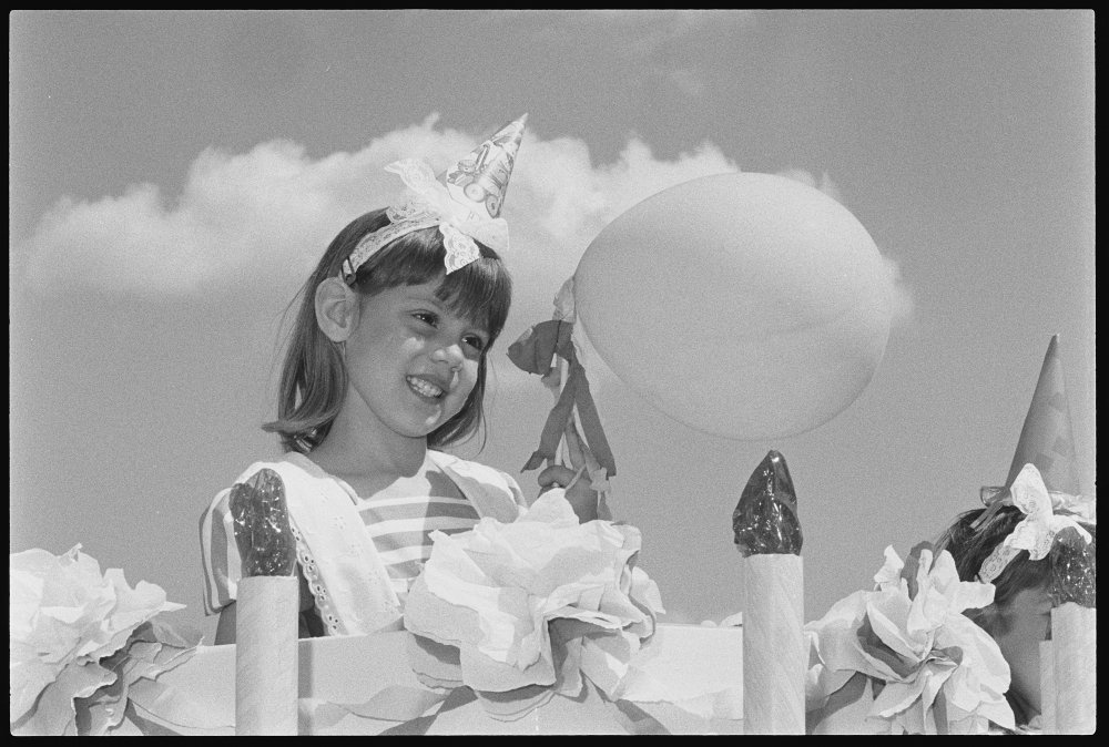 Two unidentified little girls on a parade float at the Laidley Spring Festival, Laidley, Lockyer Valley, September 1987