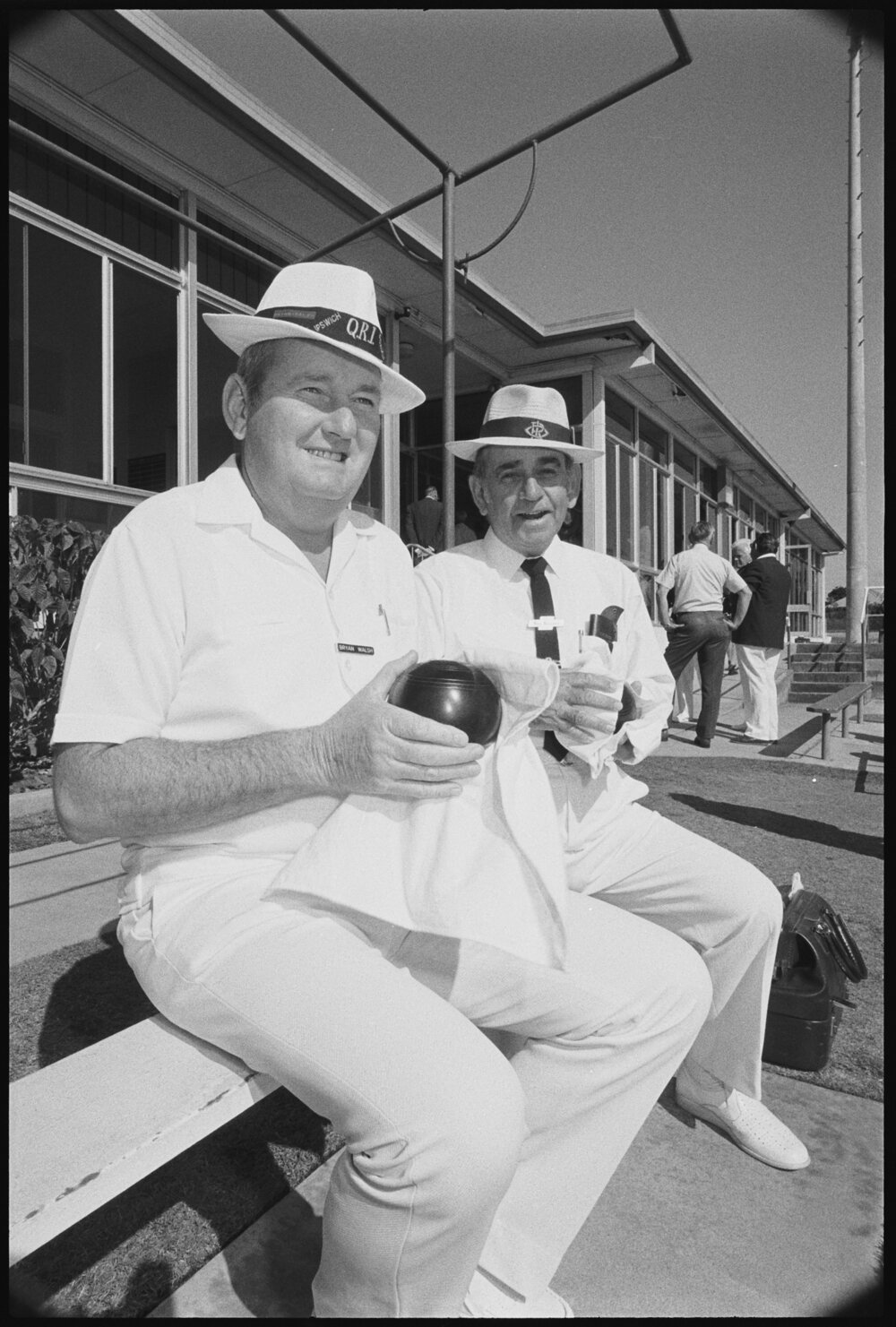 Bryan Walsh with unidentified man at Booval Bowls Club, Ipswich, September 1987
