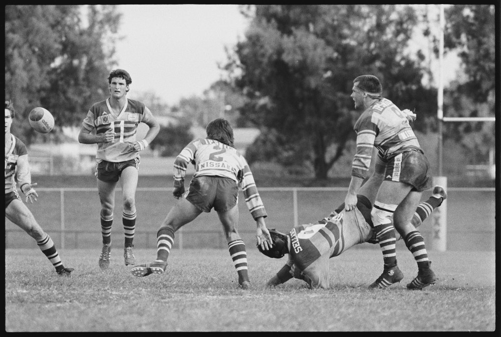 Thought to be a rugby game with Ipswich Jets players versus an unidentified team, North Ipswich Reserve, North Ipswich, September 1987