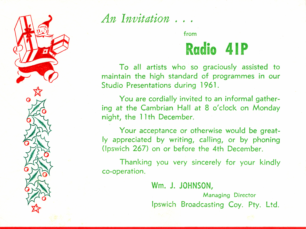 Invitation to the 4IP Radio Station Christmas party, Ipswich, 1961