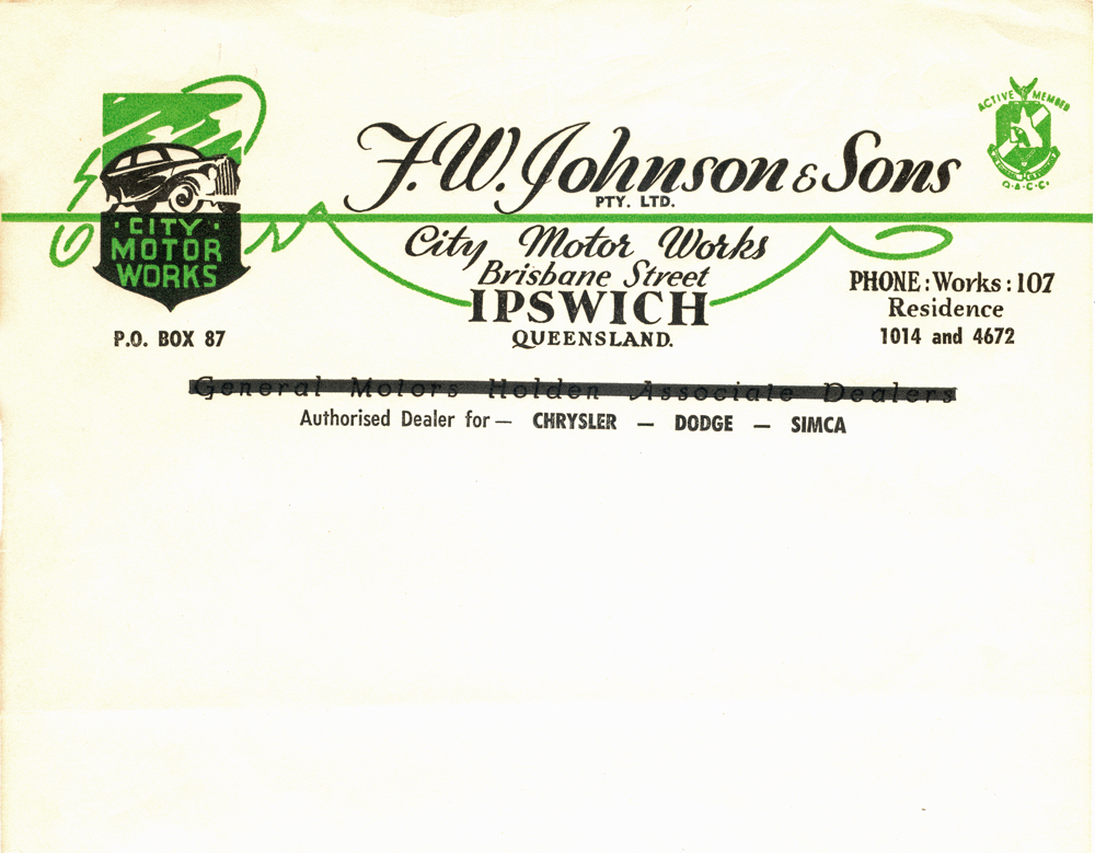 Letter head of F. W. Johnson &amp; Son, City Motor Works, Ipswich, 1940s