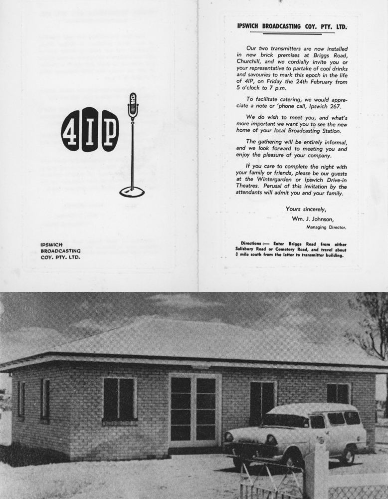 Invitation to mark the installation of a transmitter for 4IP Radio Station, Ipswich, 1961