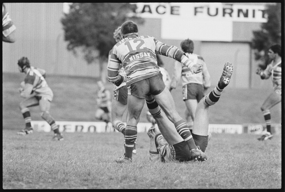 Thought to be a rugby game with Ipswich Jets players against an unidentified team, North Ipswich Reserve, North Ipswich, September 1987