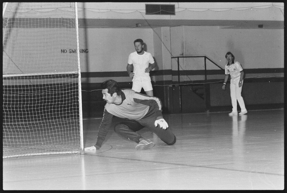 Indoor soccer match, Bundamba Skate-A-Way, Bundamba, September 1987