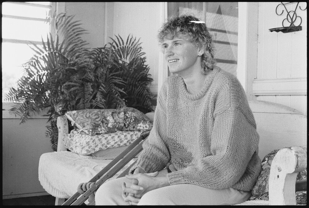 Unidentified woman with crutches, Ipswich, September 1987