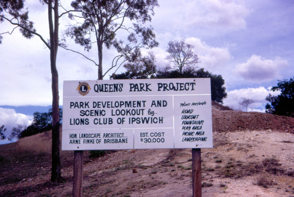 Sign announcing construction of a lookout at Queens Park, Ipswich, c.1970