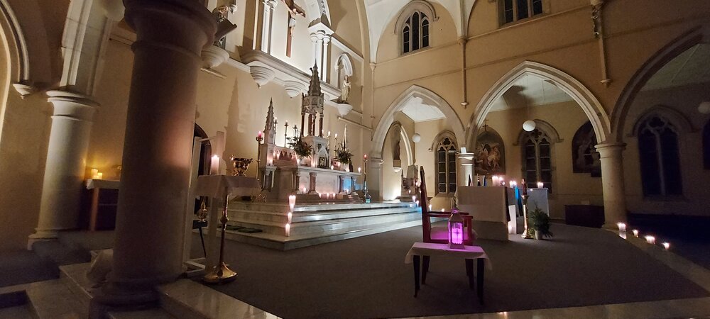 St Mary's interior at night, Woodend, July 2022