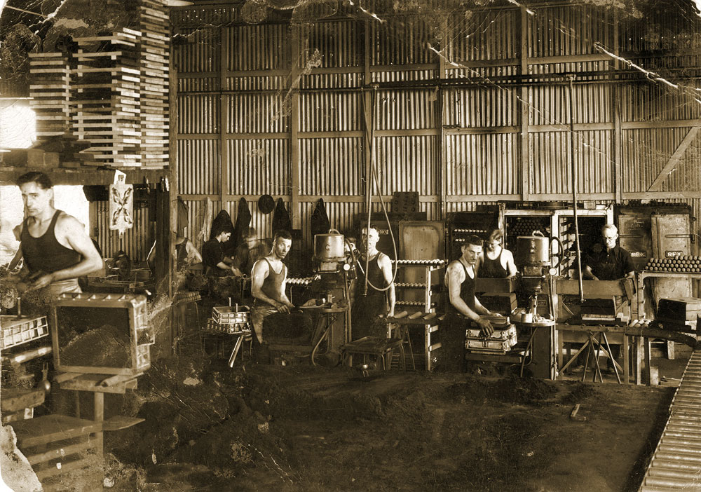 Men making hand grenades in Scotts' Foundry, Wharf Street, Ipswich, 1940 - 1944