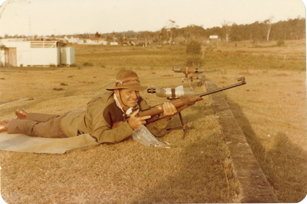 Robert James (Jim) Rush, firing the last shot, Redbank Rifle Range, c.1979