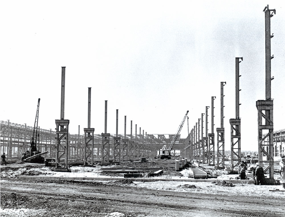 Redbank Railway Workshops Boiler Shop during construction, Redbank, Ipswich, 1955