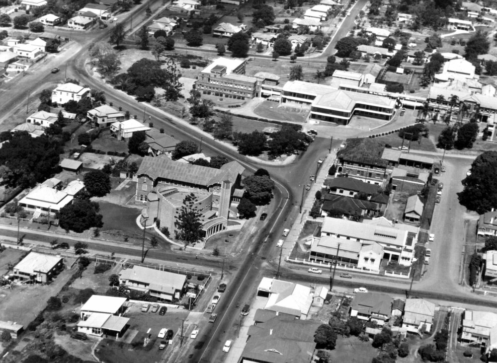 Aerial view of Ipswich General Hospital and surrounding area, Ipswich, 1960s