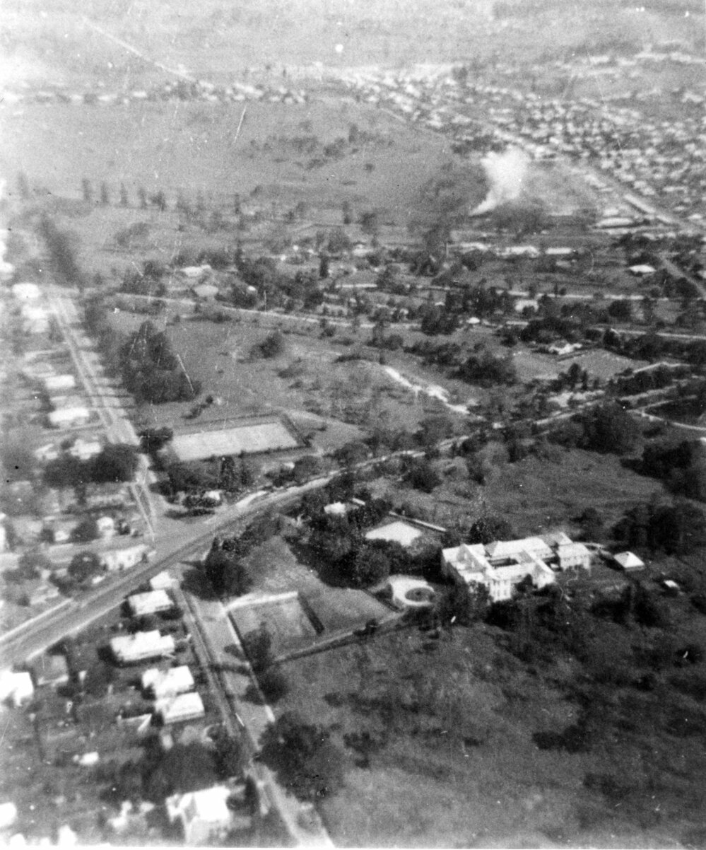 Aerial view of Ipswich Girls' Grammar School and Queens Park, Ipswich, 1953
