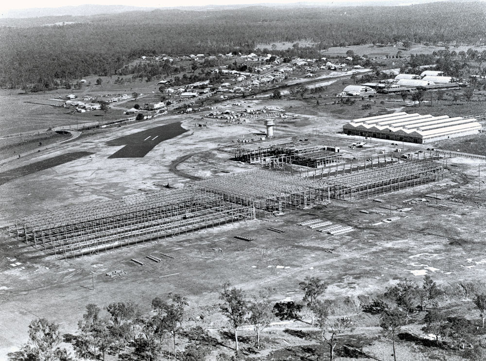 Redbank Railway Workshops aerial view of site during construction, Redbank, Ipswich, 1956