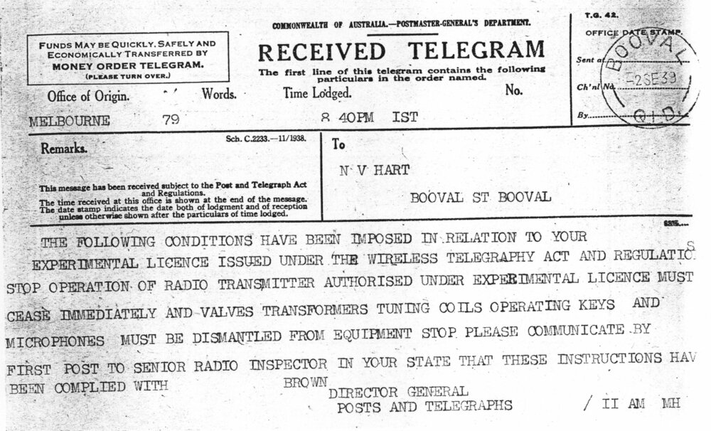 Telegram regarding radios during second world war, 1939