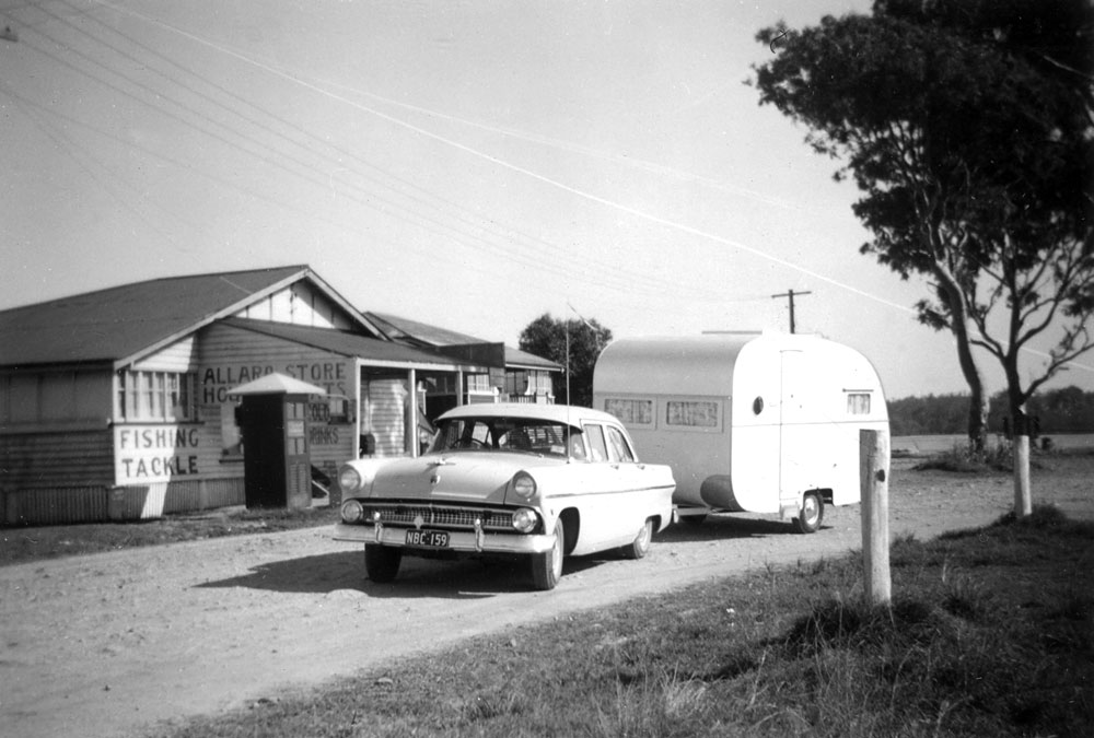 Ipswich family's caravan during caravanning holiday, Queensland, 1950-1955