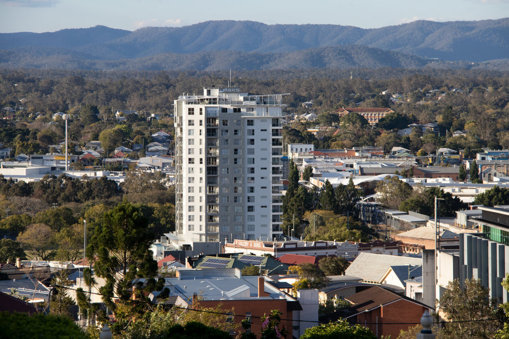 Aspire Apartments, as viewed from Denmark Hill Conservation Reserve, Ipswich, September 2022