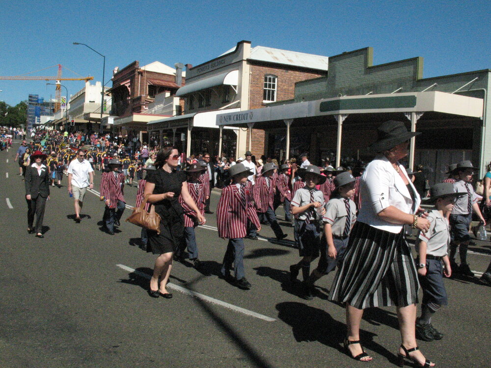Anzac Day March down Ellenborough Street, towards Timothy Maloney Park, Ipswich, April 2009