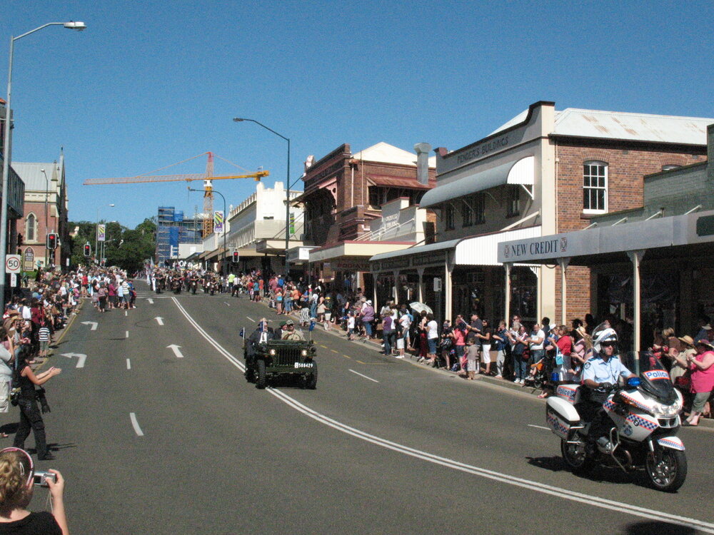 Anzac Day March down Ellenborough Street, towards Timothy Maloney Park, Ipswich, April 2009