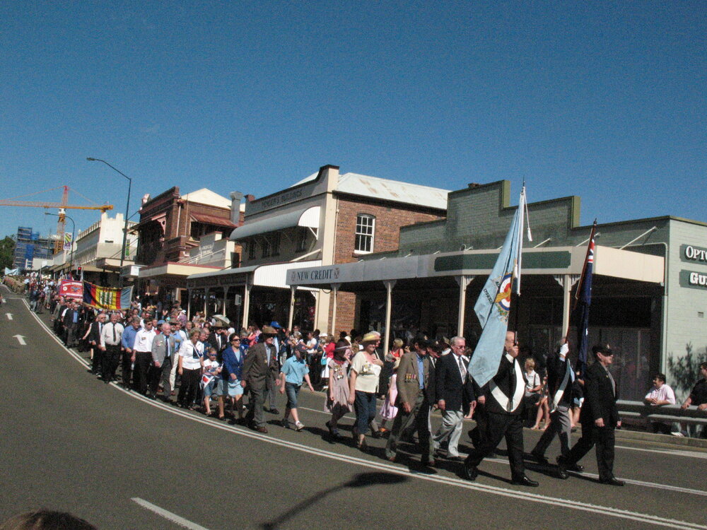 Anzac Day March down Ellenborough Street, towards Timothy Maloney Park, Ipswich, April 2009