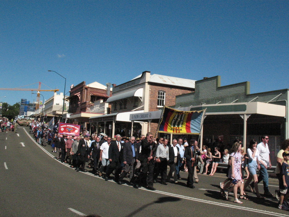 Anzac Day March down Ellenborough Street, towards Timothy Maloney Park, Ipswich, April 2009