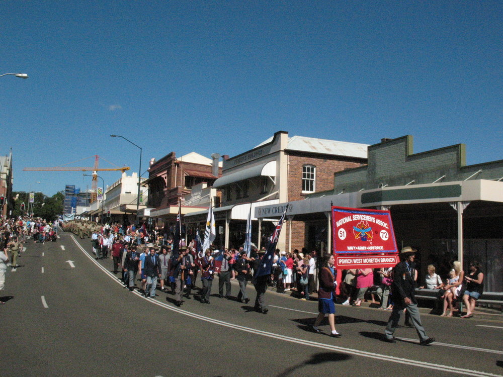Anzac Day March down Ellenborough Street, towards Timothy Maloney Park, Ipswich, April 2009