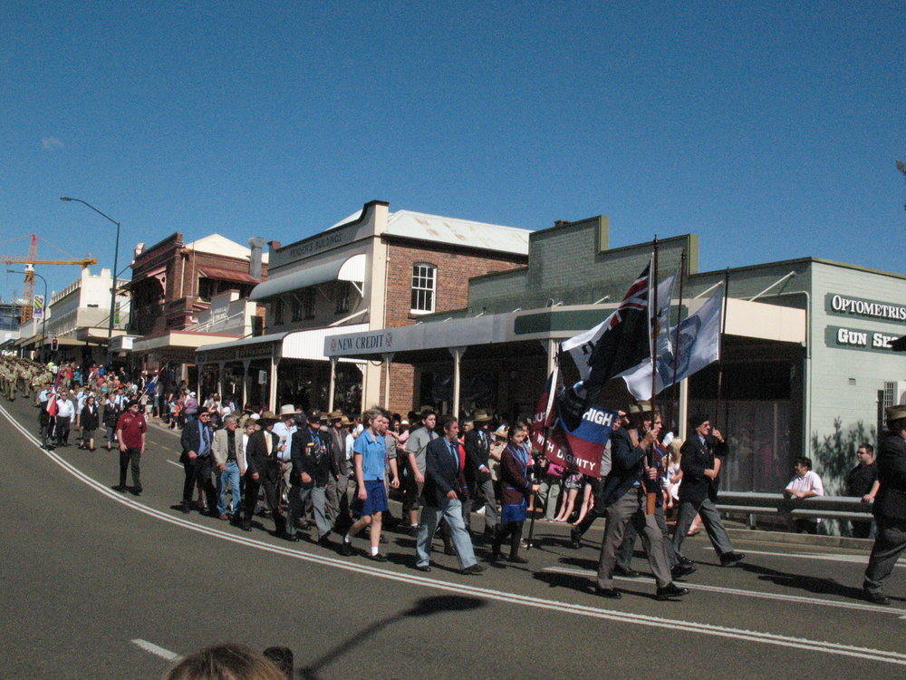 Anzac Day March down Ellenborough Street, towards Timothy Maloney Park, Ipswich, April 2009