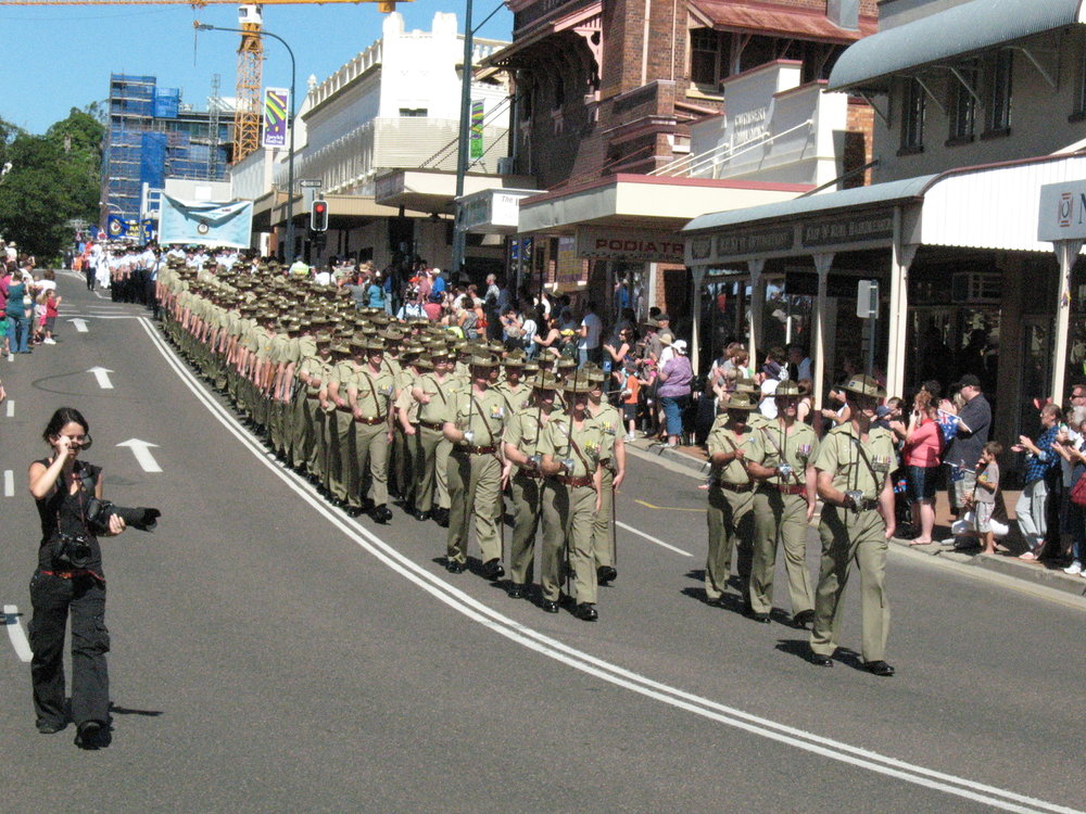 Anzac Day March down Ellenborough Street, towards Timothy Maloney Park, Ipswich, April 2009