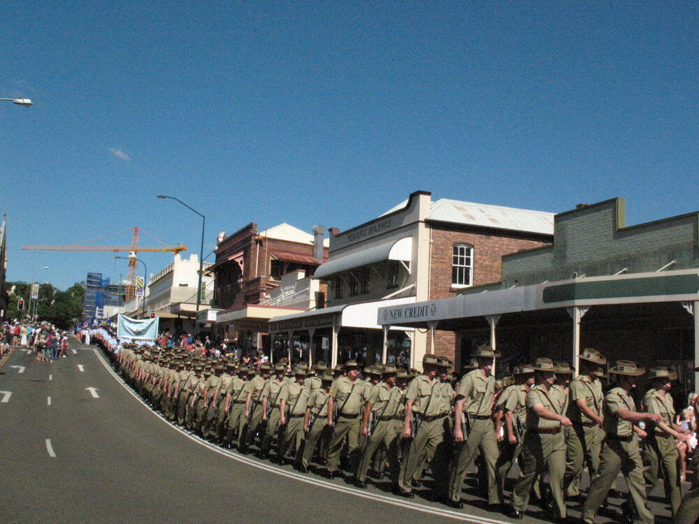 Anzac Day March down Ellenborough Street, towards Timothy Maloney Park, Ipswich, April 2009