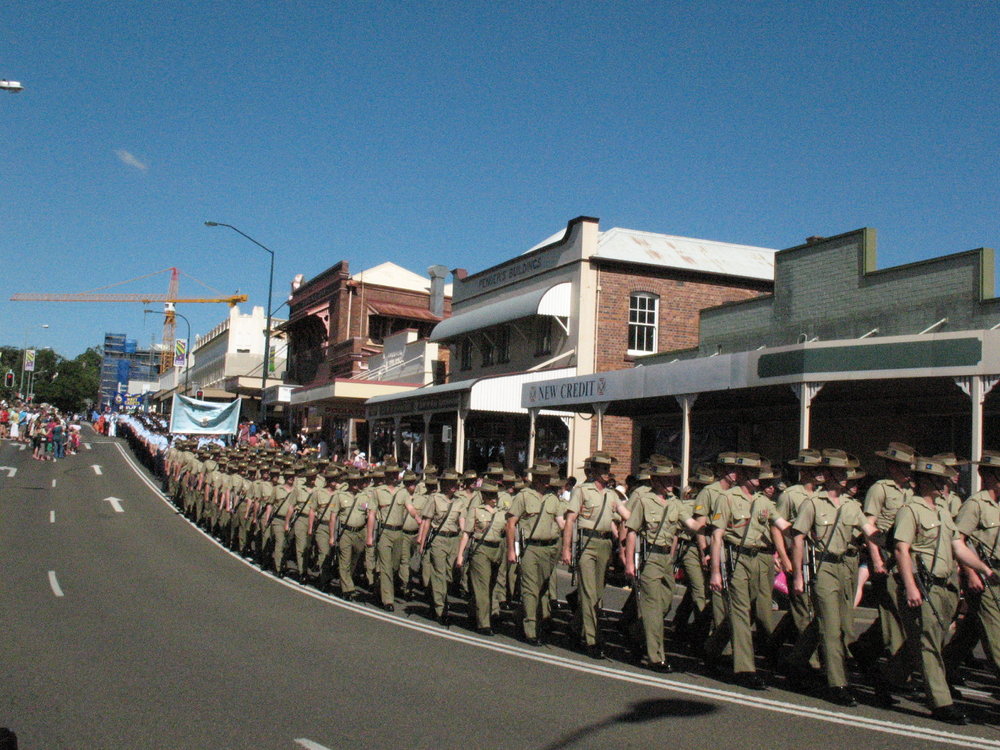 Anzac Day March down Ellenborough Street, towards Timothy Maloney Park, Ipswich, April 2009