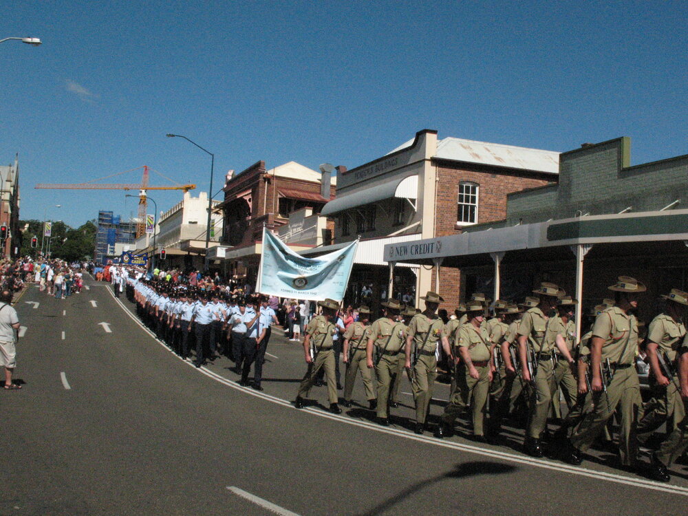 Anzac Day March down Ellenborough Street, towards Timothy Maloney Park, Ipswich, April 2009