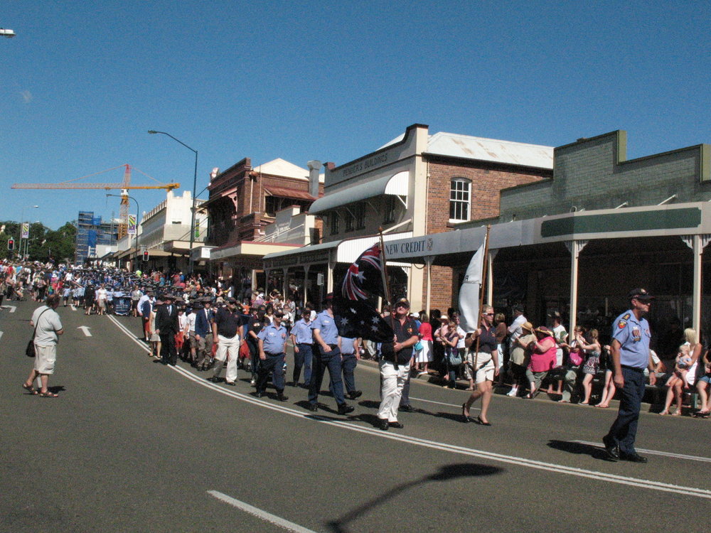 Anzac Day March down Ellenborough Street, towards Timothy Maloney Park, Ipswich, April 2009