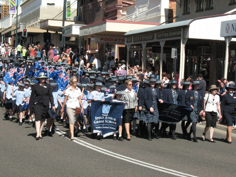 Anzac Day March down Ellenborough Street, towards Timothy Maloney Park, Ipswich, April 2009