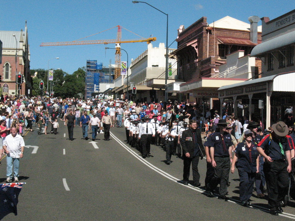 Anzac Day March down Ellenborough Street, towards Timothy Maloney Park, Ipswich, April 2009