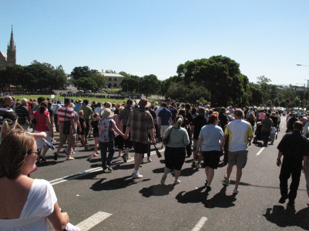 Anzac Day March down Ellenborough Street, towards Timothy Maloney Park, Ipswich, April 2009