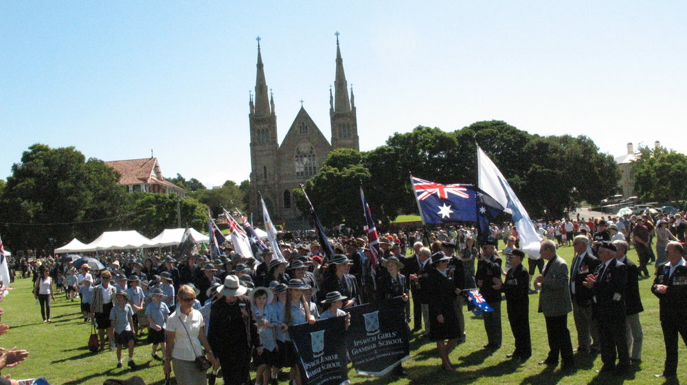 Anzac Day March down Ellenborough Street, towards Timothy Maloney Park, Ipswich, April 2009