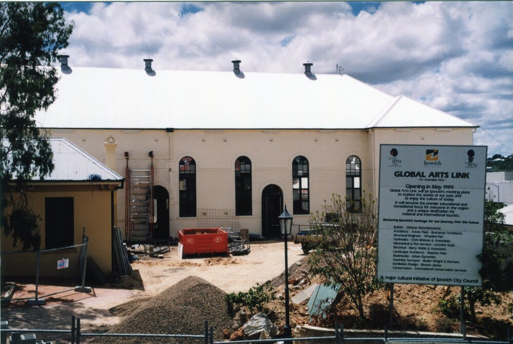 Construction work on the western side of the former Town Hall, image taken from the grounds of St Paul's, Ipswich, 1998