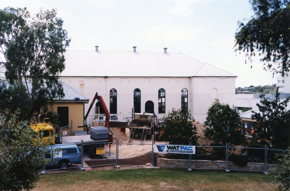 Construction work on the western side of the former Town Hall, image taken from the grounds of St Paul's, Ipswich, 1998