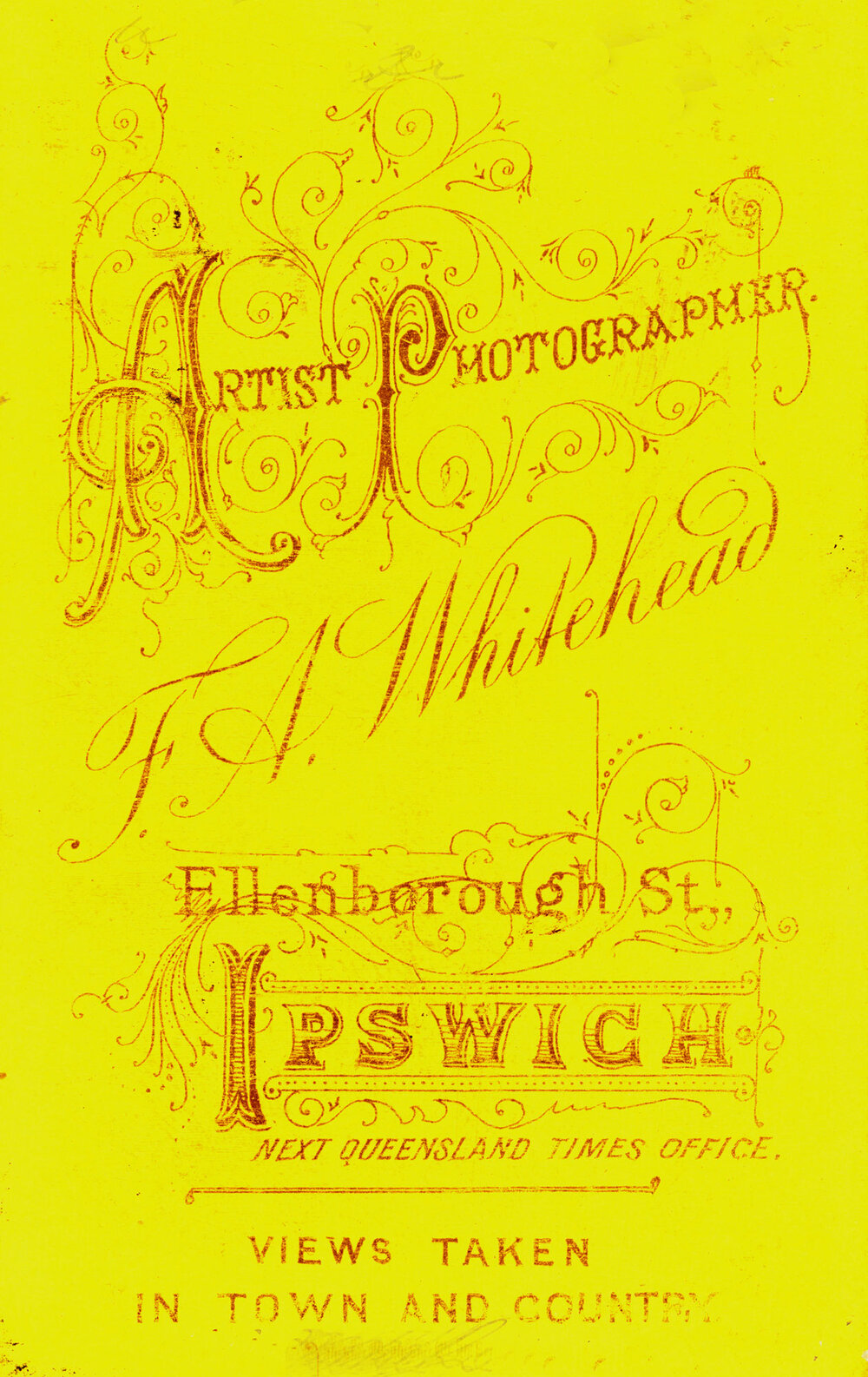 Trademark of  F.A. Whitehead, photographer, between 1883 and 1888